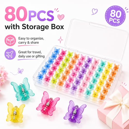 DZKZO 80Pcs Mini Butterfly Hair Clips, 0.6 Inch Glitter Tiny Claw Clips with Storage Box