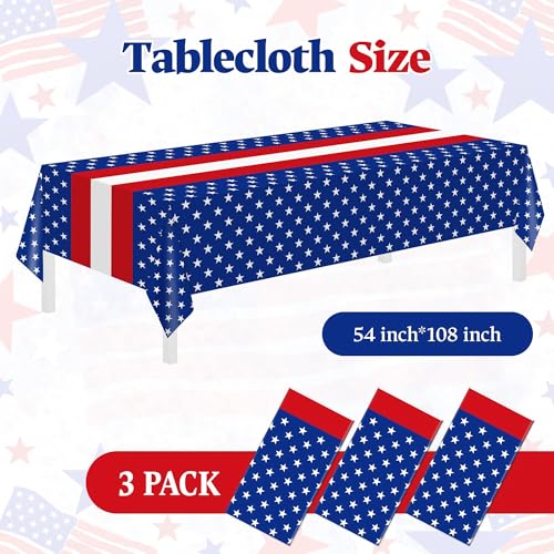Childom 3-Pack Patriotic Disposable Plastic Tablecloths, 54"x108" Red & Blue