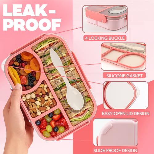 YANLIFY 4-Compartment Bento Lunch Box for Adults - Pink, Leak-Proof & BPA-Free