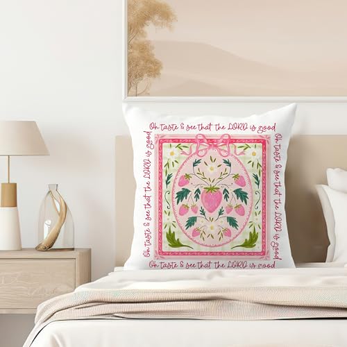 Christian Pink Bow Strawberry Pillow Cover 18x18 - Bible Verse Decor