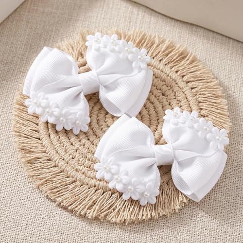 Quvvarly White Hair Bows with Faux Pearl - 2PCS Floral Hair Clips