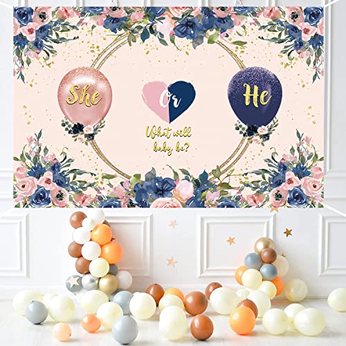 Navy and Blush Floral Gender Reveal Backdrop Banner - 70.8 x 47.2 in