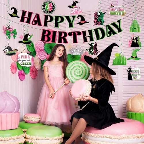 Witch Birthday Decorations Set - Pink & Green Banner & Swirl Streamers