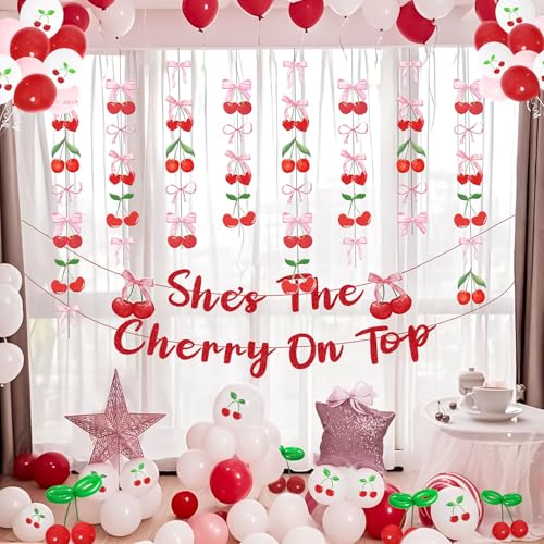 Cherry and Bow Hanging Banner - 8PCS Party Decorations for Baby Shower