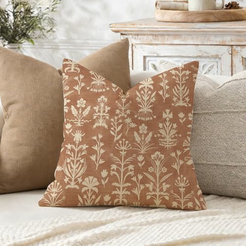 RABUSOFA Floral Throw Pillow Covers Set of 2, 18x18 in Vintage Cognac