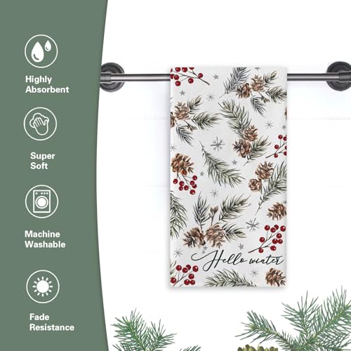 Hello Winter Pine Cone Needle Kitchen Dish Towel - Red Berry Pine - Rustic Farmhouse Decor