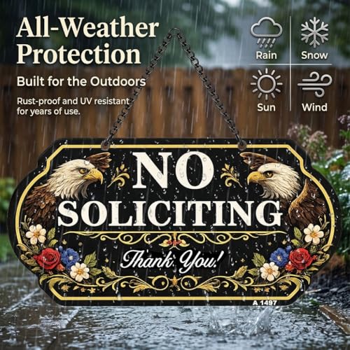 No Soliciting Sign - Decorative Aluminum Door Sign with Chain