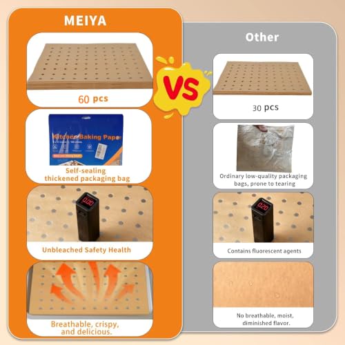 MEIYA Disposable Air Fryer Liners - 60 Pcs Non-Stick Parchment Sheets