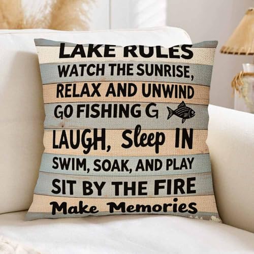 SSOIU Retro Wood Grain Throw Pillow Cover 18x18 Inches - Lake Rules Design