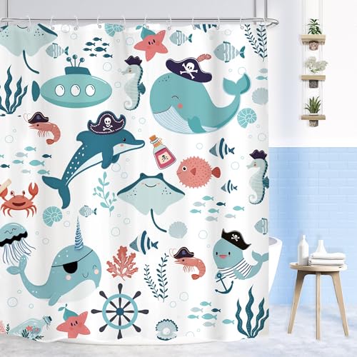 Ocean Whale Teal Blue Shower Curtain Set - 72" x 72"
