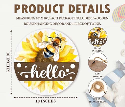 Hello Bee Sunflower Welcome Hanging Sign for Front Door 10 Inch