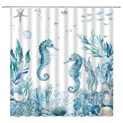 Coastal Seahorse Shower Curtain 70x70 Inch with Hooks