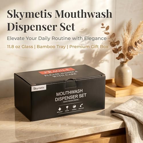 Glass Mouthwash Dispenser Set with Bamboo Tray & Cup - 11.8 oz
