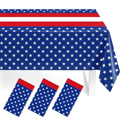 Childom 3-Pack Patriotic Disposable Plastic Tablecloths, 54"x108" Red & Blue