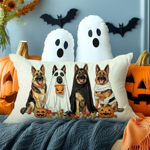 Halloween Pillow Cover 12x20 Inch - German Shepherd Design - Black, White, Yellow