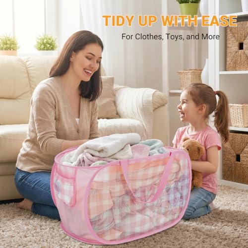 Sturdy Collapsible Laundry Basket with Pocket - Foldable Hamper for Kids Room, Dorm, and Travel - Check Print, Pink