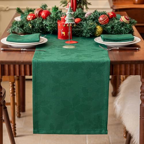 Joyfol Day Christmas Table Runner Waterproof Jacquard Poinsettia 14x36 Inch - Green