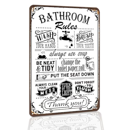 Hesanqian Black Vintage Bathroom Rules Metal Wall Sign 8x12 Inch