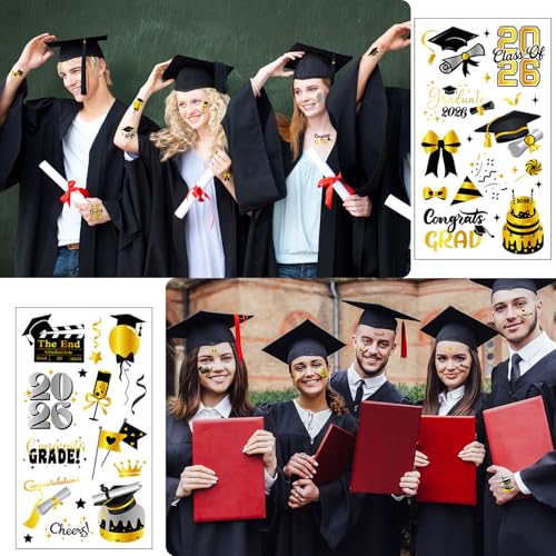 Konsait Class of 2026 Graduation Temporary Tattoos - 10 Sheets Black & Gold Party Favors