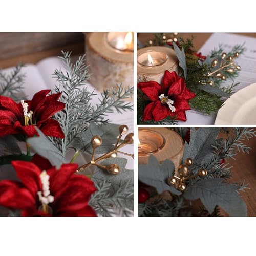 Christmas Candle Rings Xmas Wreaths Pine Needles Berry Red Flower Centerpiece - Winter Decor