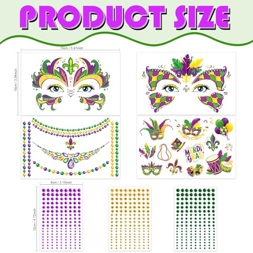 DPKOW 7-Piece Mardi Gras Accessories Set with Face Tattoos Beads Necklace and Gems