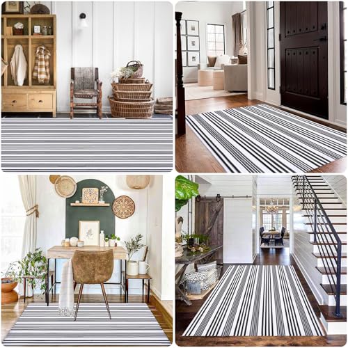 Black and White Striped Rug 28"x43" - Durable Hand-Woven Door Mat