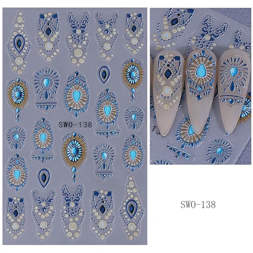 Bohemian 3D Self-Adhesive Nail Decals Retro Blue Boho Nail Art Stickers - 2Pcs