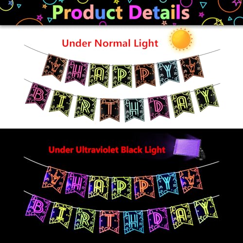 Neon Glow Happy Birthday Banner Pre-Strung Black Light Party Decorations