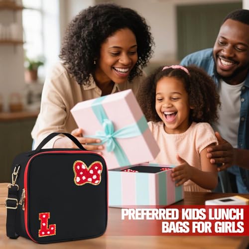 Initial Letter L Insulated Lunch Bag - Preppy Mouse Bow Design for Girls