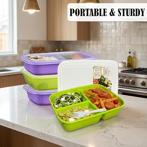 Neez 2 Pack 48oz Bento Lunch Containers - 3 Compartment, Leak Proof & Microwave Safe