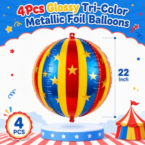 Red Blue Yellow 4 Pcs Carnival Foil Balloons - 22 Inch Striped