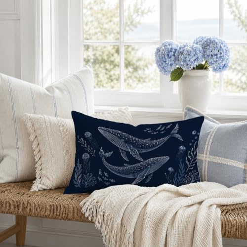 Coastal Whale Shark Lumbar Pillow Cover 12x20 - Navy Blue Beach Decor (Coastal-14)