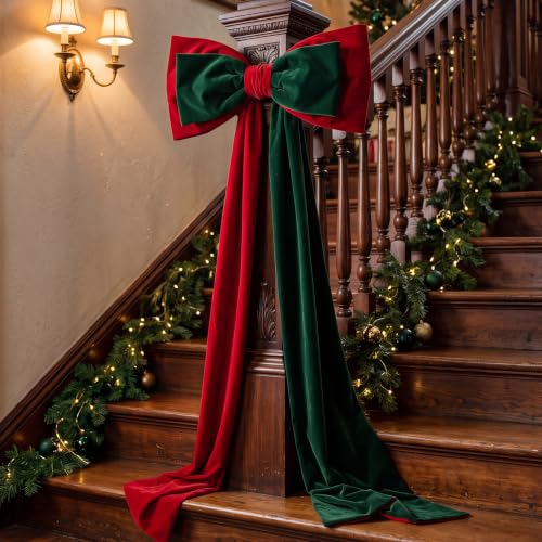 Extra Large Christmas Bow Tree Topper 23x78 Inches Red and Green Velvet Decor
