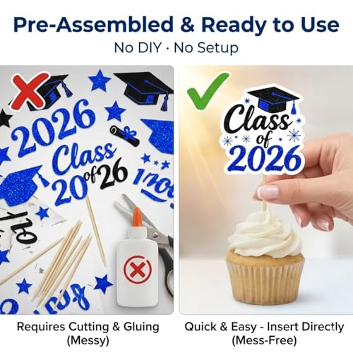 ALISSAR Blue Graduation Cupcake Toppers 36-Pack Class of 2026 Decorations