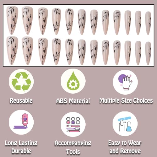 White Stiletto Press on Nails with Black Leaf Design Acrylic False Nails 24Pcs