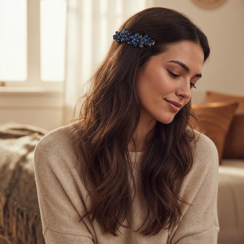 Blue Crystal Flower Hair Barrette Rhinestone Wedding Clip for Women