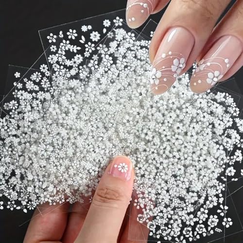 30 Sheets 3D White Flower Nail Art Stickers Self-Adhesive Floral Decals