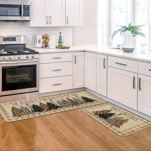 Buffalo Plaid Xmas Tree Kitchen Mats Set of 2 - Brown & Beige, 17x29 & 17x47 Inches