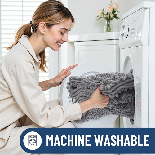 Smiry Grey Bathroom Rug 30'' x 20'' - Soft Chenille Mat with Rubber Backing