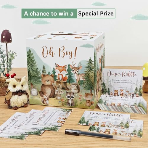Woodland Baby Shower Diaper Raffle Box Set with 50 Raffle Tickets