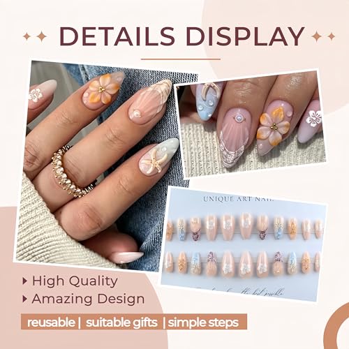 Quezadyl 3D Flower Press On Nails Medium Almond Shell Rhinestone False Nails