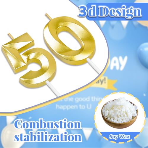 Gold Number 50 Candle for 50th Birthday Cake Topper