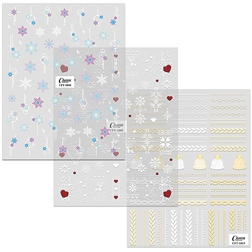 5D Embossed Snowflake Nail Art Stickers - Winter Christmas Decals (3 Sheets)