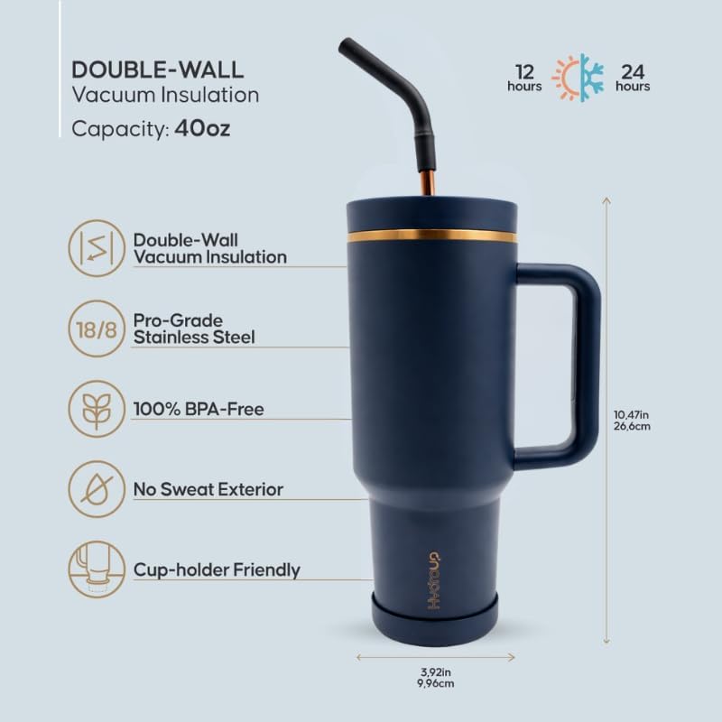 Skiennix 40oz Travel Tumbler Cup - Vacuum Insulated with Handle & Slider Lid | Blue Gold