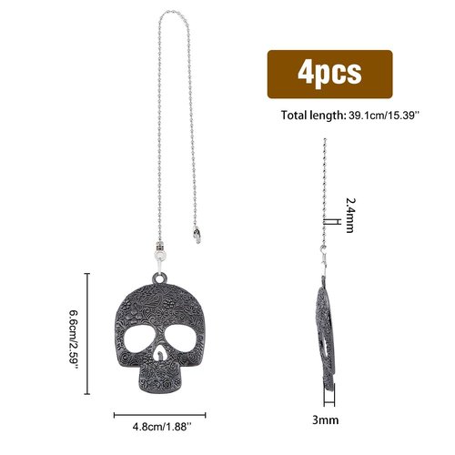 HOBBIESAY 4pcs 15.39Inch Alloy Skull Ceiling Fan Pull Chain 44mm Pendant Retro Fan Zipper and Ball Chain Connector Metal Extension Chain for Bathroom, Bedroom, Living Room Lighting Decoration