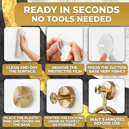 Novsix Gold Suction Cup Hooks for Shower, Rustproof Stainless Steel (2 Pack)