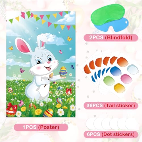Pin the Tail on the Bunny Game for Easter Parties - 36 Stickers & Masks