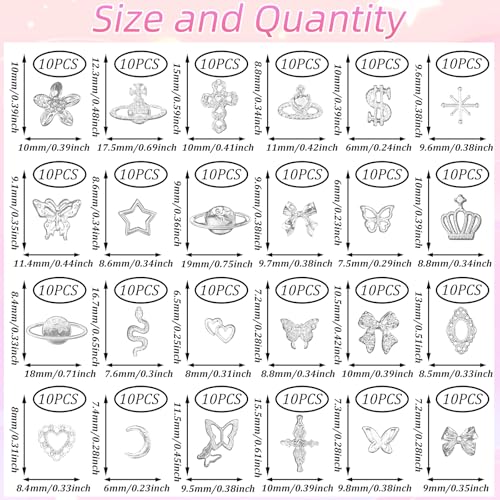 240Pcs 3D Silver Nail Charms Mixed Alloy Bows Star Butterfly Y2K DIY