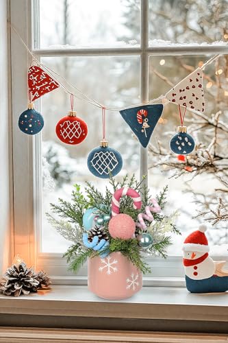 Christmas Centerpieces for Tables with Pink & Blue Ceramic Vase - Holiday Table Decor, Pine Branches & Candy Cane Accents