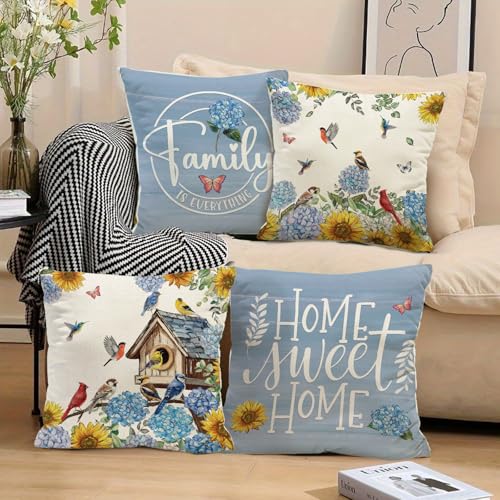 Hydrangea Birdhouse Throw Pillow Covers - Set of 4, 18x18 Inch